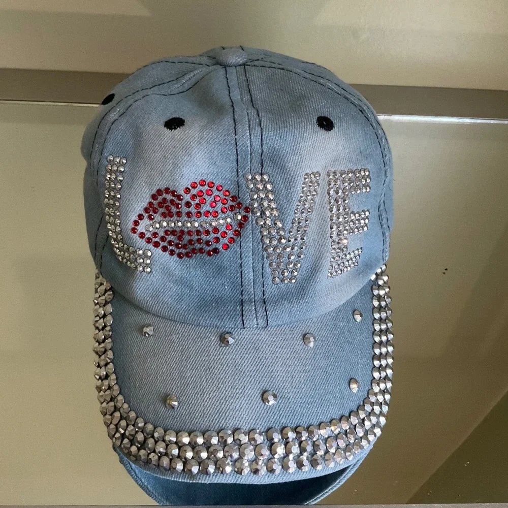 Y2K Bling Rhinestone LOVE Lips Denim Baseball Cap LightWash Studded Jean Dad Hat